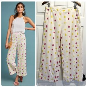 Anthropologie Clip Dot Cropped Trousers Wide Leg Pants Cream Pink Yellow Size 4